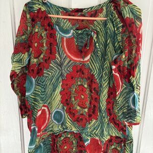 Desigual Tunic Medium Sheer Top Blouse Christmas Colors Red Green Boho Loose